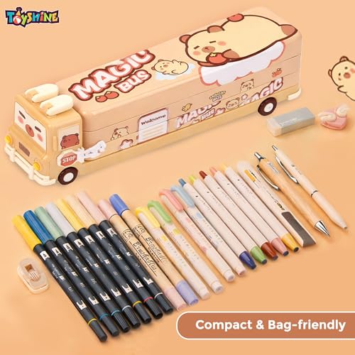 Image of Toyshine Cute Cartoon School Bus Shape Pencil Box with Moving Tyres | Stationery Storage Case | Multipurpose Pencil Pen Box for School Students Birthday Return Gift Party Favor for Kids - Brown
