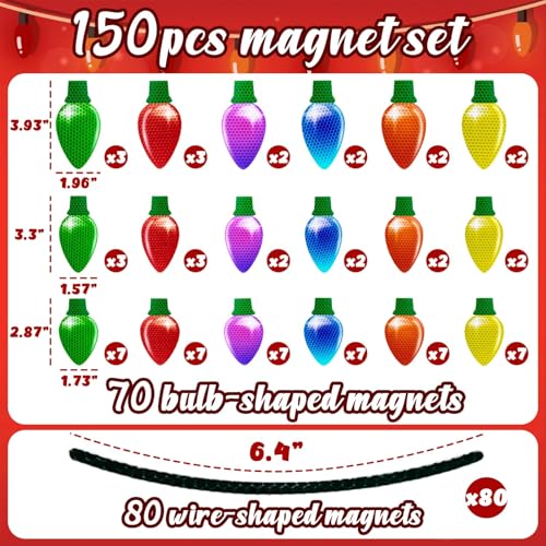 Image of 150PCS Christmas Car Refrigerator Decorations - 70 Reflective Bulb Light Shaped Magnets 80 Magnetic Wires Ornaments Set Xmas Holiday Cute Decor