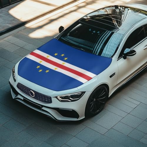 Image of Cape Verde Flag Print Car Hood Cover Elastic Polyester Car Hood Protector Auto Patriotic Decorations Waterproof Sunproof Automotive Exterior Accessories for Sports Events and Outdoor Use