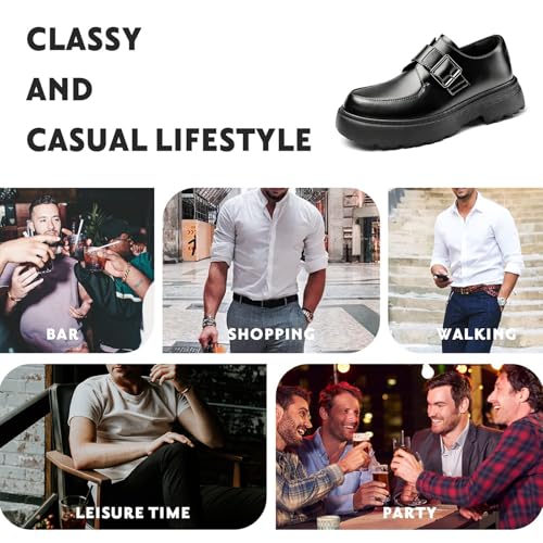 Men's Leather Monk Strap Platform Chunky Heel Loafers Retro Classic Round Toe Heightening Non Slip Lug Sole Slip on Business Block Heel Dress Loafers for Work Wedding4