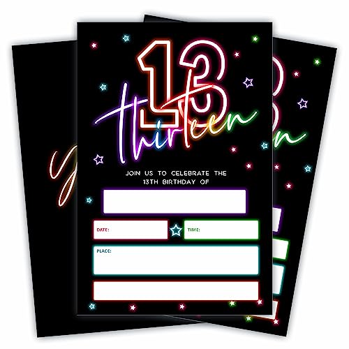 JCVUK 13th Glow Birthday Invitations - Retro Colorful Neon Thirteen - 20Pcs Double-Sided Fill- In Invitation Cards & Envelopes For Boys, Girls, Kids, Birthday Party Favor & Supplies-D04