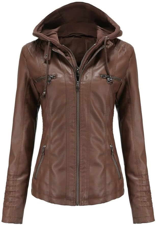 Generic Design Jacket for (Couleur : Coffee) (SIZE: 4XL) Womens Faux Leather Zip Up Winter Coats Jackets Biker Hooded Tops PLUS SIZE