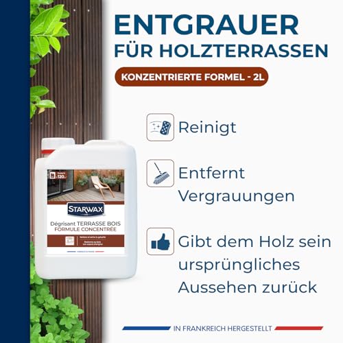 STARWAX - Konzentrierter Entgrauer für Holzterrassen 2 l - Reinigt und entfernt die Vergrauung - Bis 120 m² - Konzentrierte Formel zum Verdünnen - Gibt dem Holz sein ursprüngliches Aussehen zurück