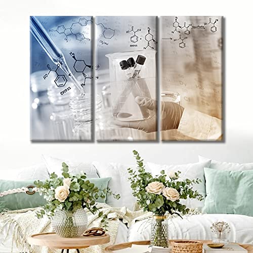 Image of TUMOVO Scientist Hand Holding Test Tubes Laboratory Research Wall Art 3 Panel Medical Artwork Wall Decor for Living Room, Bedroom, Bathroom, Office. Framed Ready to Hang (36 inch Wx24 H)