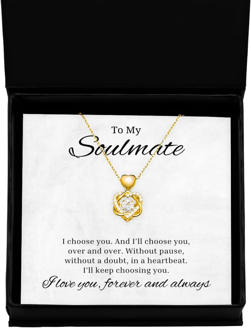 to My Soulmate Heart Knot Gold Necklace, I Choose You and I'll Choose You Over and Over, Best Birthday Gifts, Engagement Gifts, Wedding Gifts for Wife, Valentines Day Gifts for Her