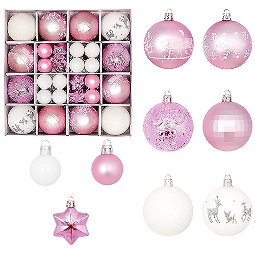 Fouriding 42 Stücke Weihnachtskugeln Kunststoff Christbaumkugeln Hängende Dekoration für Weihnachtsbaumschmuck Dekoration (Rosa Weiß)