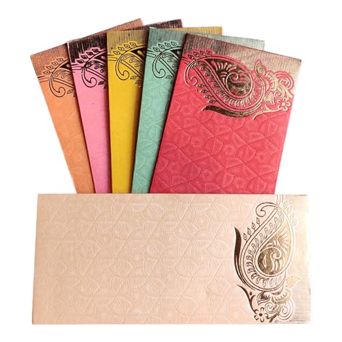 Image of Pack of 50 Matellic 6 Colours of 4 Each Randomly Picked Colourful Designer Shagun Lifafa /Money Gift Envelope with Golden Matellic Keri for Gifting Money on any occasion