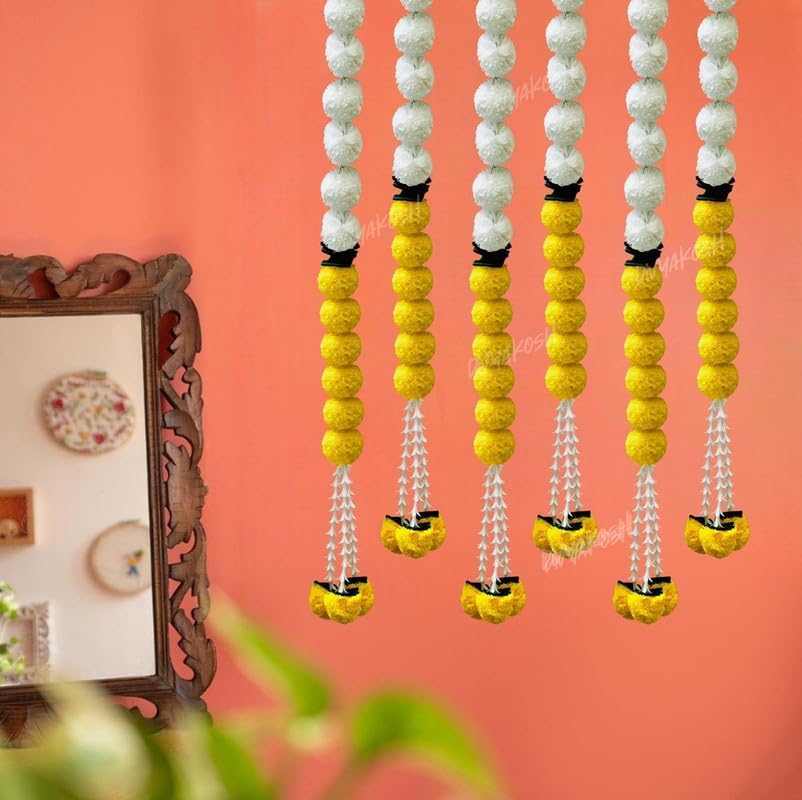 Divyakosh White and Yellow Marigold/Genda Flower Multipurpose Wall Hanging Pack of 4 Strings, Artificial Flower Latkan for Temple, Festival-Diwali/Ganpati Pooja Door Decor - 5 Feet, White_Yellow -4