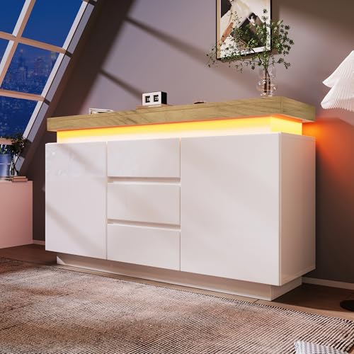 ANIROY Kommode, Hochglanz Sideboard, LED (App Control), Mehrzweckschrank für Wohnzimmer und Schlafzimmer (Weiß A)