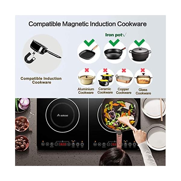 Aobosi induction hob,Double Induction Cooker With Max and Min Available Buttons For Temperature and Power Setting With Portable Induction Hob Keep Warm Function Black Crystal Panel 4-Hour Timer 2800W - Image 4