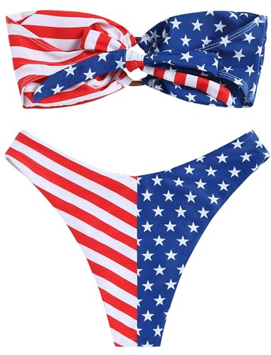 Image of ZAFUL Women's Bandeau Bikini O Ring Strapless Tie Back High Cut Two Piece Swimsuit Bathing Suits