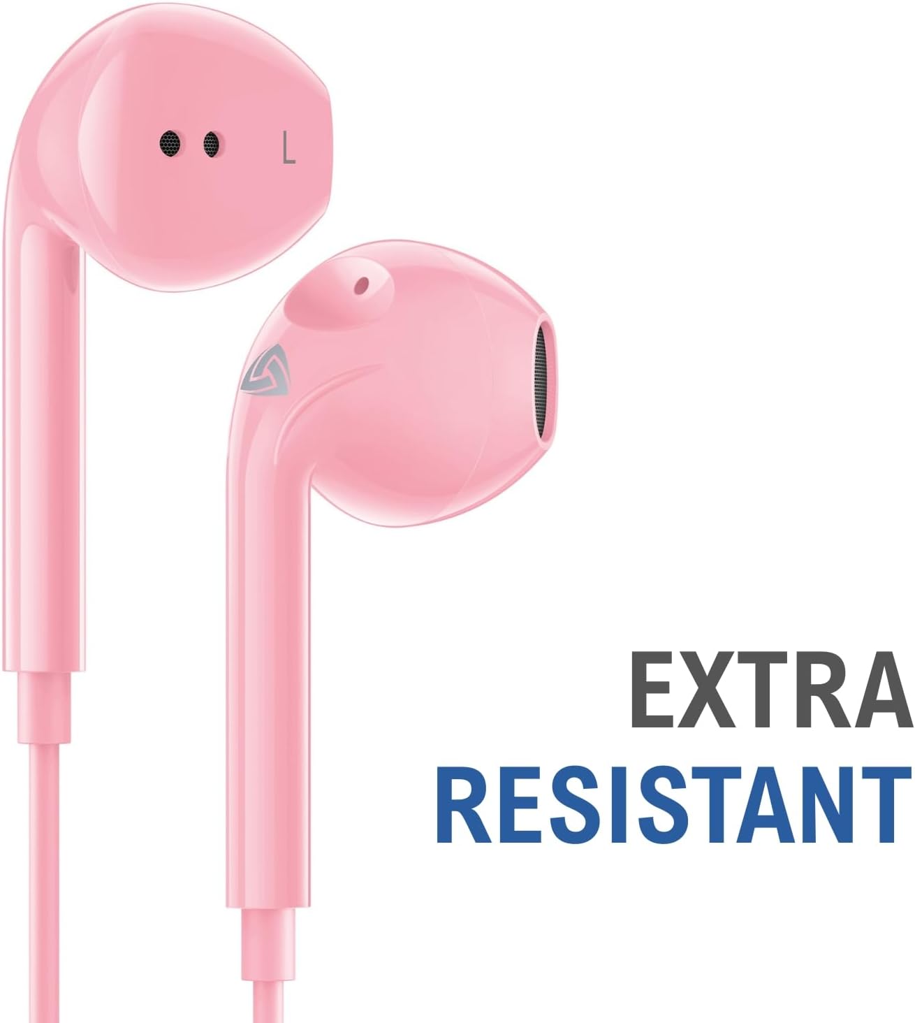 Close-up of a LUDOS ZENITH earbud, highlighting its durable construction and 'Extra Resistant' feature.