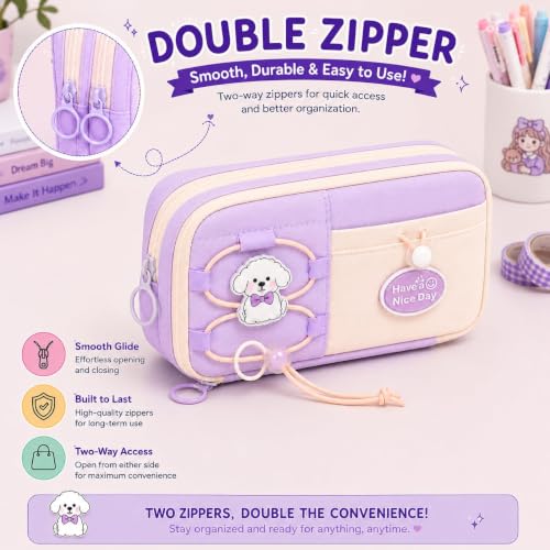 Image of Canvas School Bag Pencil Case, 3 Layer 6 Compartment Large Capacity, Aesthetic Pencil Pouch for Stationary, Cute Stationery for Kids, Pencil Case for Girls & Boys (Nice Day Purple)