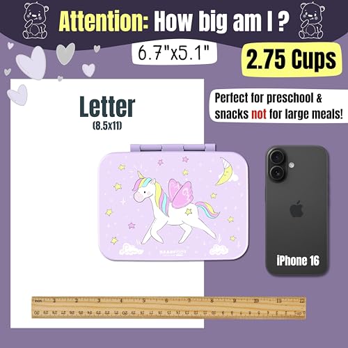 Image of BEARFOOT Kids Lunch Box with Compartments - Compact & Lightweight | Leak-Proof, BPA-Free, Dishwasher Safe | Hand-Drawn Design for Preschool, School, Travel (Unicorn Purple, 2.75 Cups)