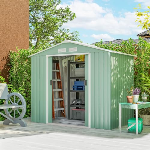 Outsunny 7' x 4' Outdoor Storage Shed, Garden Tool Metal Shed with Foundation Kit, Double Lockable Door, Air Vents and Sloping Roof, for Backyard, Patio, Lawn, Light Green