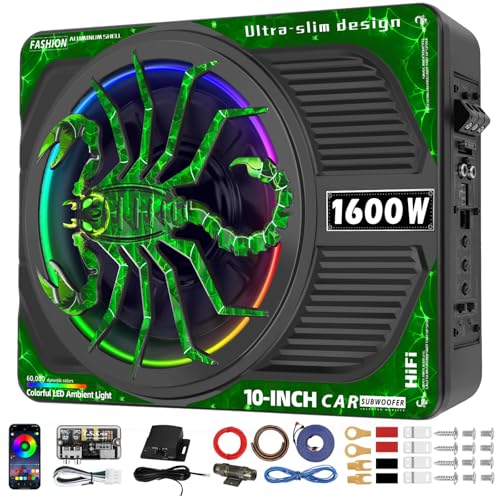 SUBPULSIX 1600W Slim Underseat Subwoofer with Built-in Amplifier, RGB Beat-Synced Light, Adjustable Low Pass/Gain/Bass Boost, Deep Bass All-in-One Subwoofer and Amp Package for Car/Truck/SUV/Jeep