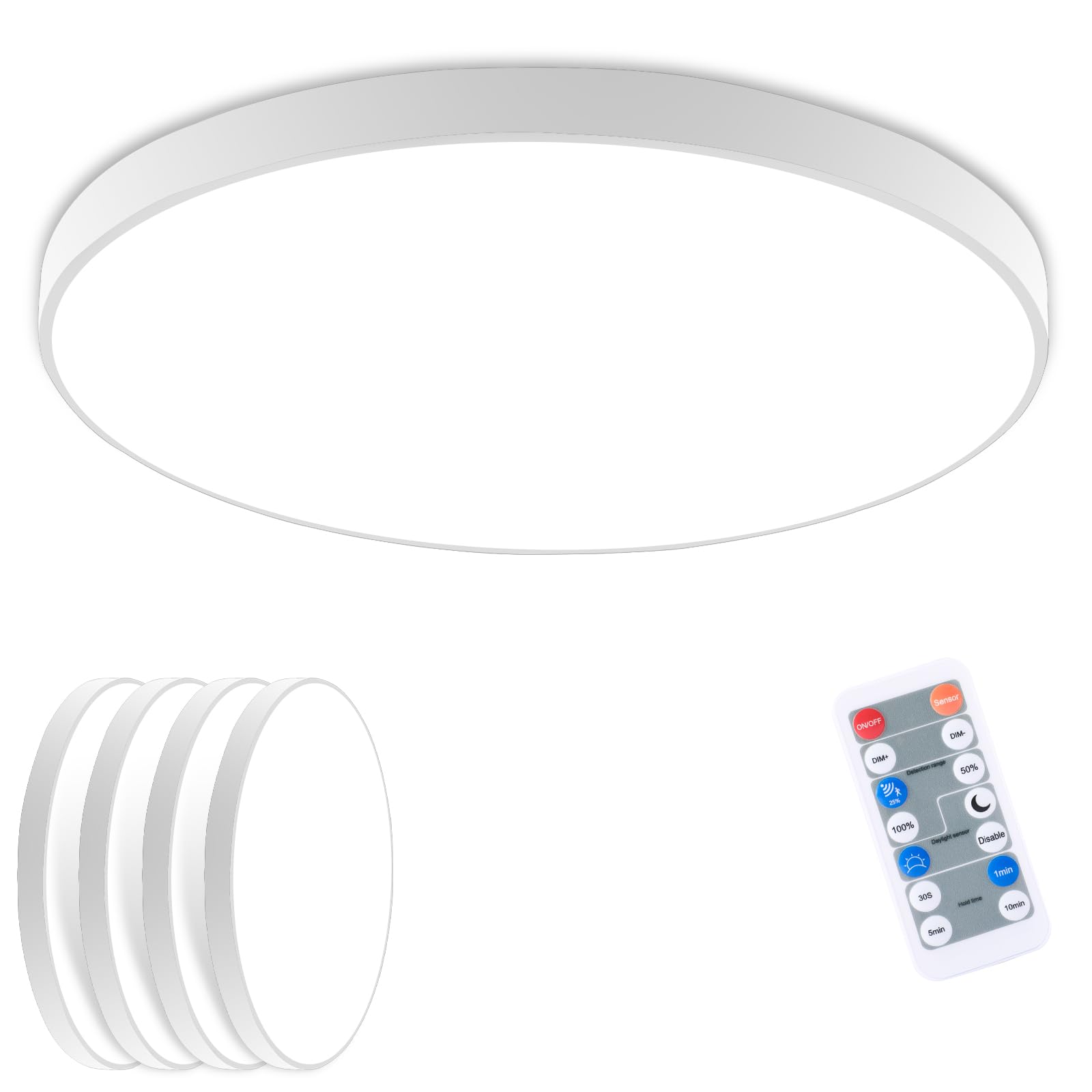 4 Stücke LED Deckenleuchte mit Bewegungssensor Innen,18W Dimmbar Deckenlampe Panel IP54 4000K mit Radar Bewegungsmelder und Fernbedienung, Flach Sensor Licht für Keller,Flur,Bad,Treppe, Rund Weiß 23cm