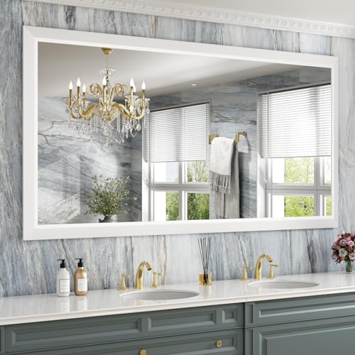 Amorho Bathroom Mirror, 72 X36 Inch White Thick Metal Framed Wall Mirrors for Over 2 Sinks, Bedroom, Living Room, Entryway, Large Rectangle Wall-Mounted Mirrors.