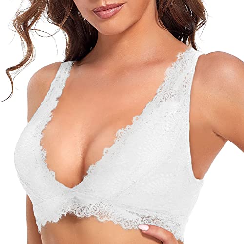 SHEKINI Women's Lace Bralette Deep V Neck Padded Lace Longline Plunge Wirefree Bra Breathable Crop Top White
