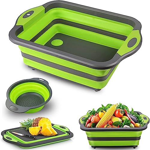 Tabla de Cortar Plegable Multifuncional con Contenedores de Colador, Tabla de Cortar de Silicona de Grado Alimenticio, Escurridor de Lavabo, Colador para Cocina (con un Cuenco Plegable)