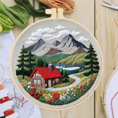 Image of Huacan 1pc House Embroidery Kits for Beginners Mountains River Landscape Small Cross Stitch Kits Ideal for Crafting Art & Gifts
