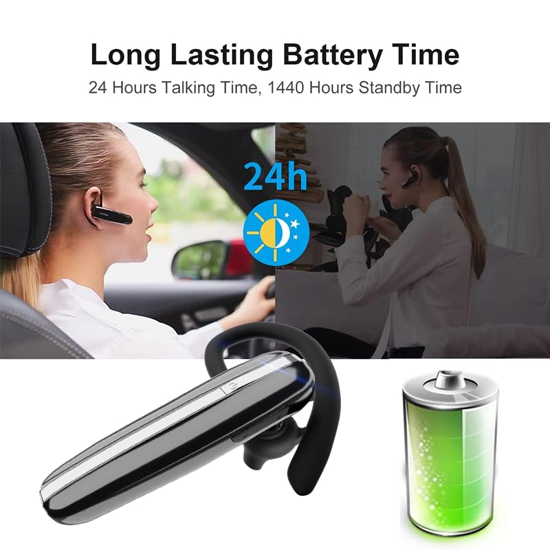 Image of Bluetooth Headset V5.3 Single-Ear Earpiece with Wireless Microphone 48H Battery, Bluetooth Earpiece - Handsfree for Driving /Truck Drivers, Compatible with iPhone, Android, Samsung