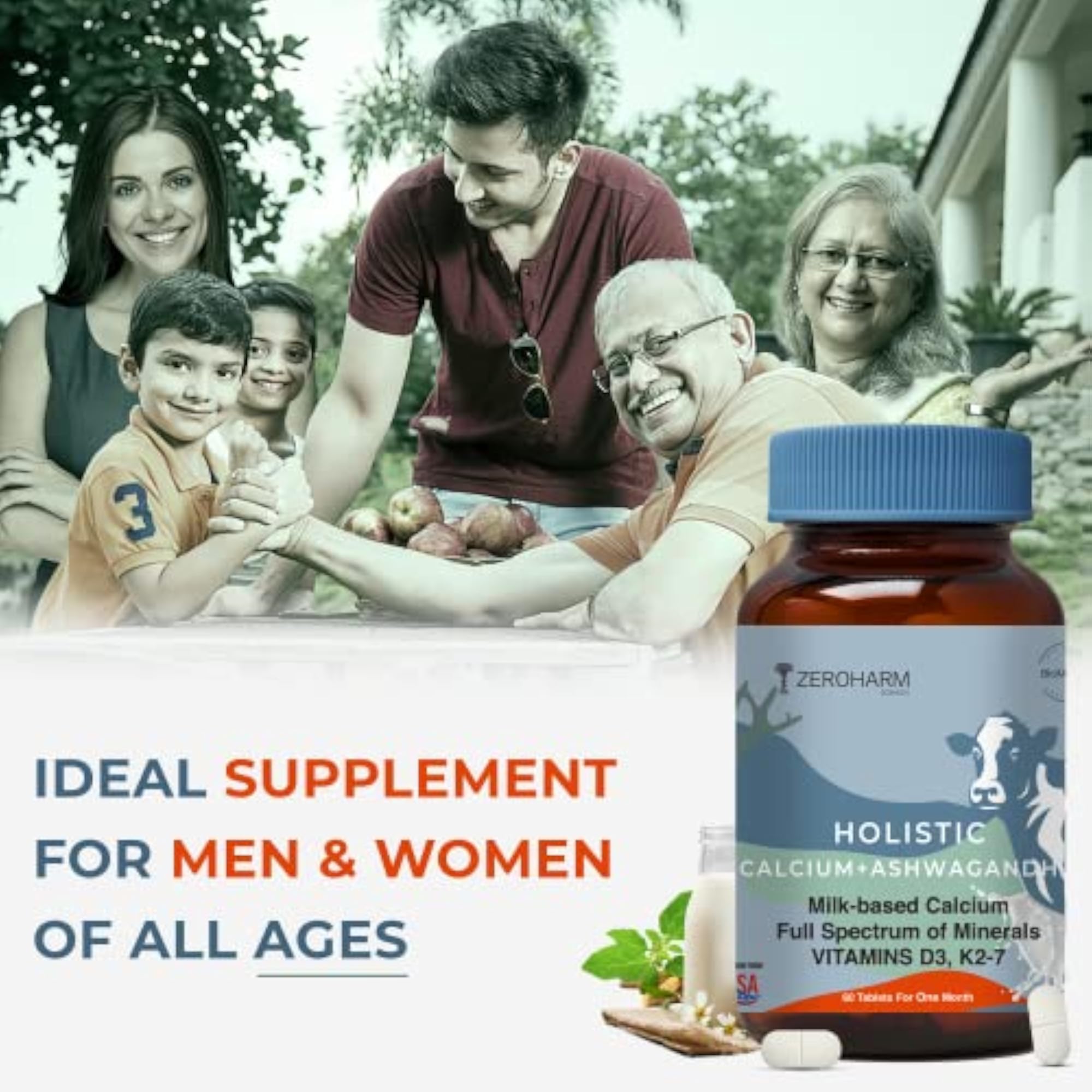 ZEROHARM Holistic Calcium and Ashwagandha Tablets, 120 Tablets