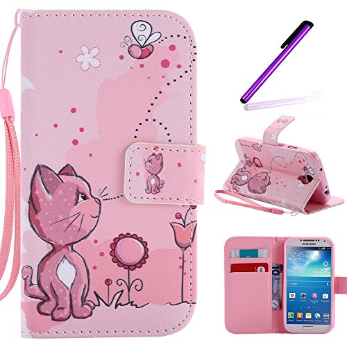 S4 Case,Galaxy i9500 Case LEECOCO Fancy Paint Floral Design Case [Credit Cards Slot] [Cash Pockets] PU Leather Flip Wallet Case with Stand for Samsung Galaxy S4 I9500,Pink Cat