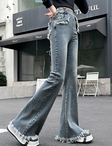 SEAUR Girls Fashion Jeans Stretch Flare Leg Denim Pants Vintage Baggy Elastic Waist Jeans for Kids Trendy Clothes2