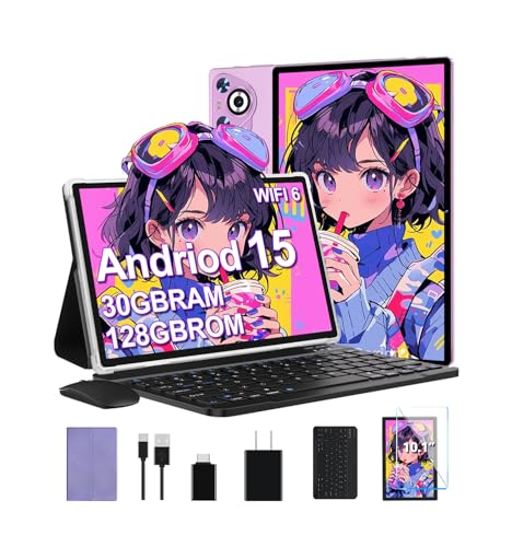 Android 15 Tablet, 30GB RAM + 128GB ROM 1TB TF, 2025 Tablet with Keyboard and Mouse, 10.1 inch Touchscreen, 8000mAh Battery, Incell Display, 2.0GHz, Gemini AI, 5G WiFi, BT 5.0, GPS - Metal Purple