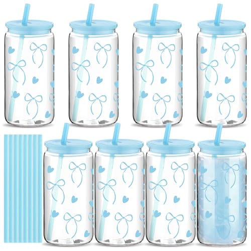 8 Pcs Coquette Bow Plastic Cup with Lid Straw 16 oz Mason Jar, Bow, Blue