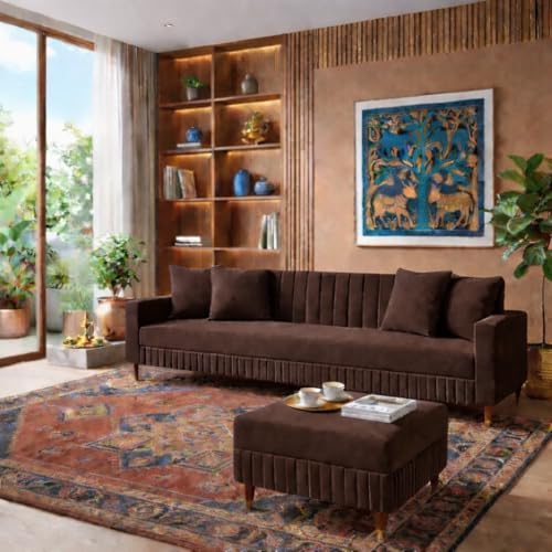 Image of SRMS Solid Wood 4 Seater L Shape Velvet Fabric Sofa Set with Four Cushions | Perfect for Home Office Guests Living Room | Sofa Set for living Room | 74 x 32 x 30 inches | Dark Brown