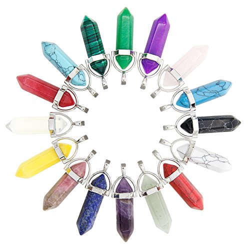 Juanya Lot de 16 Pièces Pendentif en Pièrre Hexagonale à Quartz Pointu Pendentif à Pièrres Précieuses, 16 Couleurs