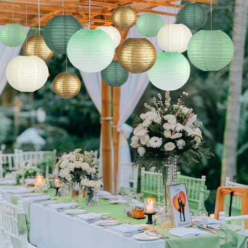 Image of 15-Pack Sage Green Gold Paper Lanterns, Hanging Classroom Decor | 6,8,10 Inch Hanging Lanterns for Weddings, Bridal Showers, Graduations, Anniversaries & Baby Showers