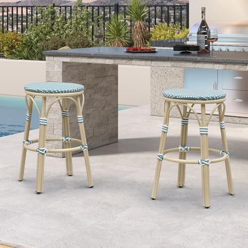 Image of PURPLE LEAF Outdoor French Round Bar Stool Set of 2 Oversized 30 inch Armless Rattan Barstools White Print Aluminum Footrest for Patio Yard Island Kitchen Bistro Wicker Chairs Soft Blue