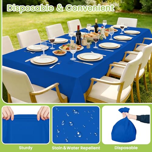 Image of Mulbozy Blue Plastic Table Cloth Disposable 4 Pack, 54 x 108 Inch Tablecloths Rectangle, Royal Blue Plastic Table Cover for Party Decor