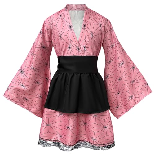 Shukqueen Kimono japonés para mujer, disfraz de Halloween de anime Nezuko, disfraz de cosplay con patrón a cuadros, parte superior + vestido + cinturón, color rosa, talla M