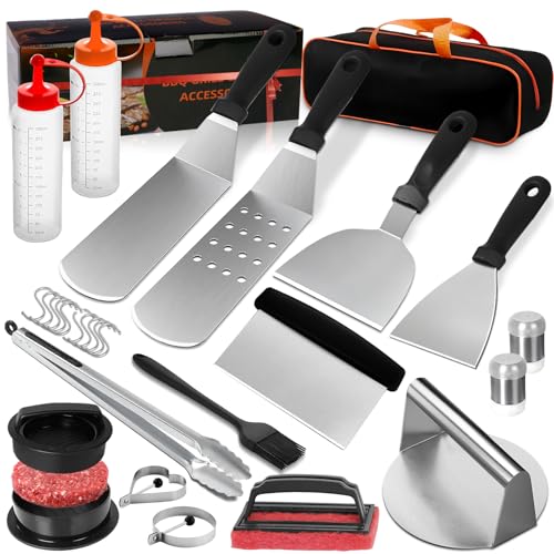 27Pcs Griddle BBQ Accessories Professional Stainless Steel Barbecue Utensils Set with Burger Press Spatulas Egg Rings Cleaning Tool & Carry Case Outdoor Cooking Gift for Men Dad BBQ Lovers