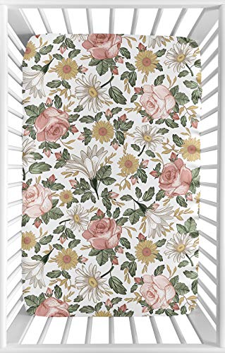 Image of Sweet Jojo Designs Vintage Floral Boho Girl Fitted Mini Crib Sheet Baby Nursery for Portable Crib or Pack and Play - Blush Pink, Yellow, Green and White Shabby Chic Rose Flower Farmhouse