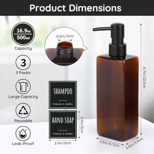 Image of Segbeauty Soap and Lotion Dispenser Set, 3 Pack Refillable Shampoo and Conditioner Bottles, 16.9oz Empty Shower Bottles Refillable with Labels, Plastic Square Modern Hand Soap Dispenser for Kitchen