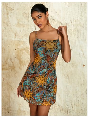 Image of Milumia Women's Summer Mini Dress 90s Boho A Line Mesh Short Dresses | Spaghetti Strap,Sleeveless,Vintage,Paisley Print,Festival Outfits,Cowgirl,Y2k,Goth,