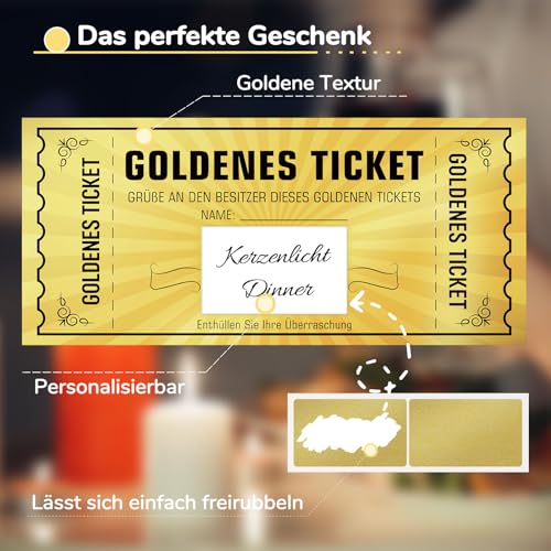 WenmthG Goldenes Ticket - Gutschein zum selber ausfüllen mit Rubbelaufkleber - Karte als Geburtstagskarte, Essensgutschein, Kinogutschein - Rubbellose zum Selbstgestalten - Geschenke für Frau, Mann