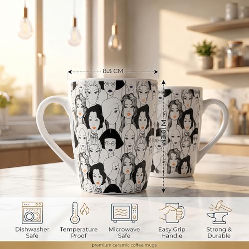 Image of U.P.C. UPC Abstract Face Print Bone China Mug Set of 2 | Artistic Ceramic Tea & Coffee Cups | Lightweight Bone China Cups for Tea, Coffee & Hot Chocolate