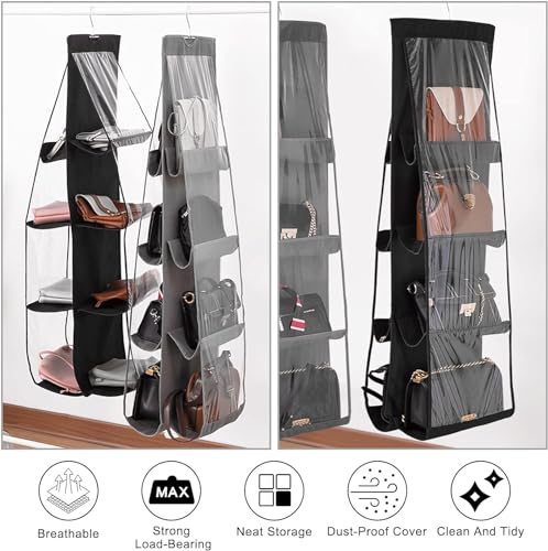Image of Hanging Handbag Purse Organizer | 8 Pocket Dustproof Closet Storage | Foldable & Washable Handbag Holder | Wardrobe Organizer (8 Pocket - Black 110X35X35CM)