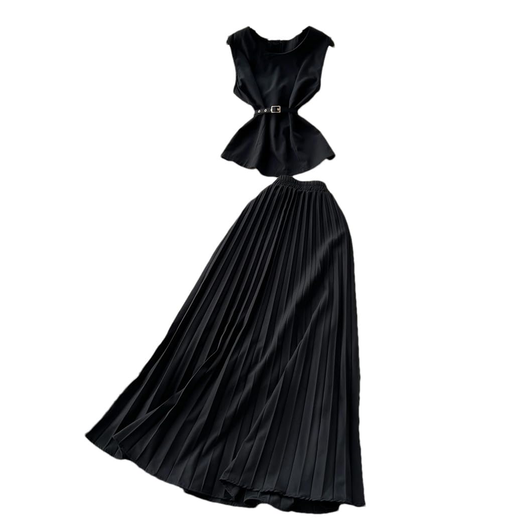 Women Summer Long Skirt Suit Sleeveless O-Neck Crop Top Pleated Set Elegant 2 Piece Skirts Set