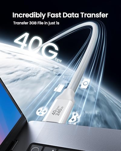 Image of Silkland USB 4 Cable for Thunderbolt 4 [6.6FT /2M], 40Gbps Data Sync, 8K /5K@60Hz, 240W Fast Charging, USB C Thunderbolt Cable, Compatible for MacBook, iPhone 16, iPad, SSD, Docking, eGPU, White