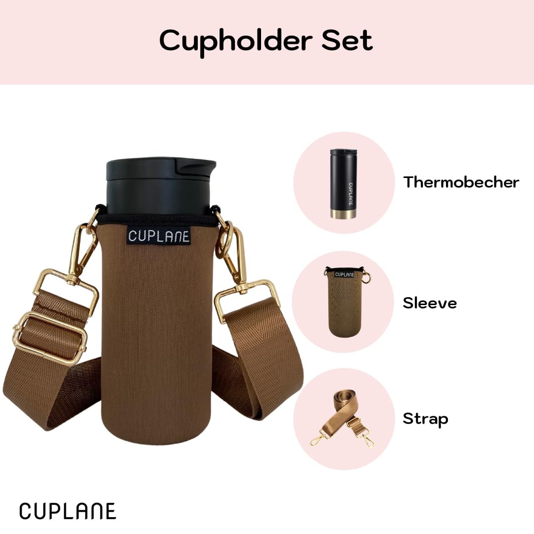 Becherhalter zum Umhängen - Set mit Thermobecher (350ml) Braun | Crossbody | Travel | Hund | Coffee ToGo | Thermobecher | Kinderwagen