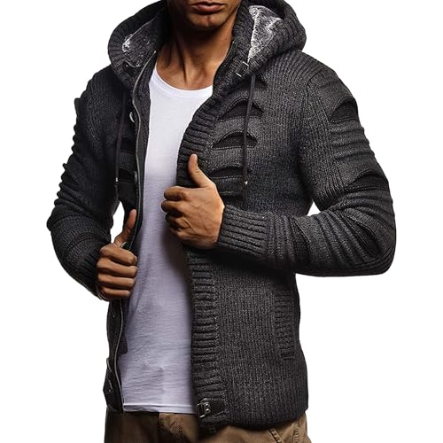 Men's Heavy Weight Knit Hooded Sweater Loose Fit Cardigan Fashion Sweater Button Down Warm Winter Sweaters