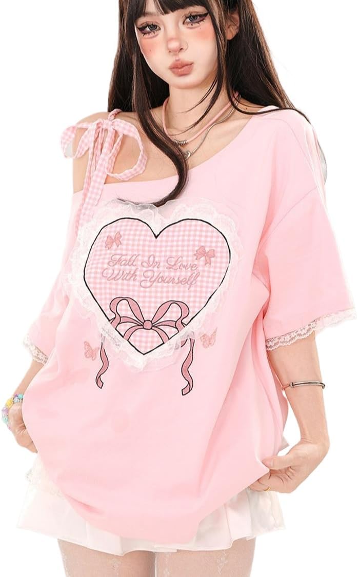 Y2K Kawaii Off Shoulder T-Shirt For Women - Harajuku Cartoon Graphic Tee