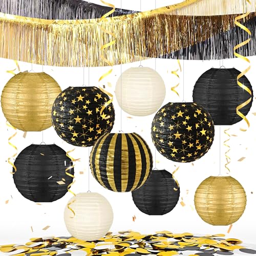 YBwanli Set di decorazioni per compleanni 16 pezzi in nero e oro, tra cui lanterne nere e oro e tende con nappe in metallo, adatte per compleanni, Capodanno, matrimoni e cerimonie di laurea